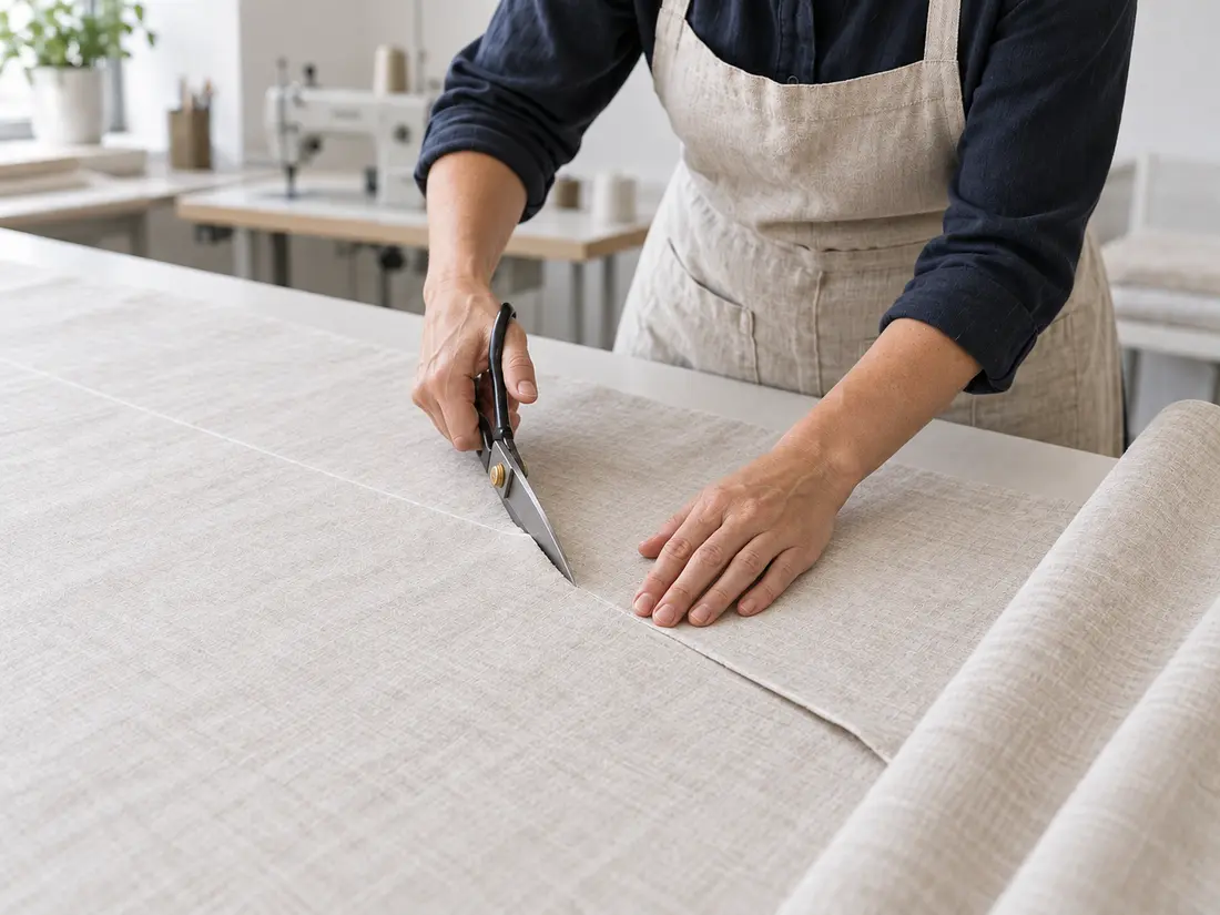 Curtain fabric being precisely cut in the workroom