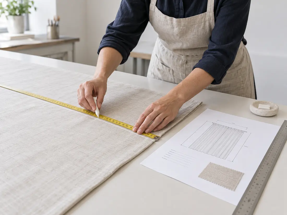 Curtain fabric being measured and marked from a technical plan